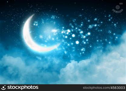 Moon background. Shining musical notes on a glowing background with moon