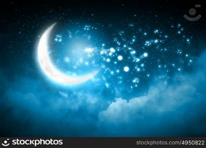 Moon background. Shining musical notes on a glowing background with moon