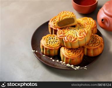 Moon cakes at mid autumn festival. Background food and drink tea and Mooncakes, copy space