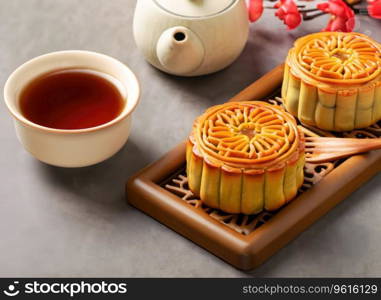 Moon cakes at mid autumn festival. Background food and drink tea and Mooncakes, copy space