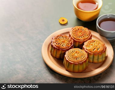 Moon cakes at mid autumn festival. Background food and drink tea and Mooncakes, copy space