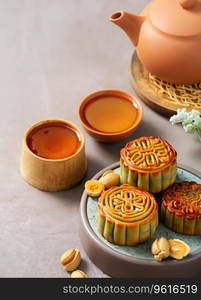 Moon cakes at mid autumn festival. Background food and drink tea and Mooncakes, copy space