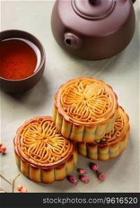 Moon cakes at mid autumn festival. Background food and drink tea and Mooncakes, copy space