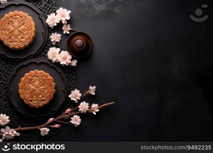 Moon cakes on black slate table with tea. Autumn Festival