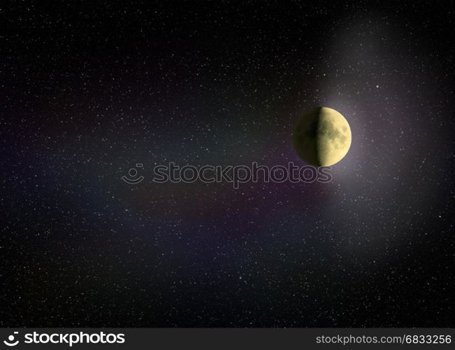 Moon glowing in the dark night sky. Moon glowing in the dark night sky with stars. Cosmic landscape. Moon in starlit night