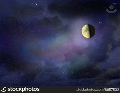 Moon glowing in the dark night sky. Moon glowing in the dark night sky with stars. Cosmic landscape. Moon in starlit night