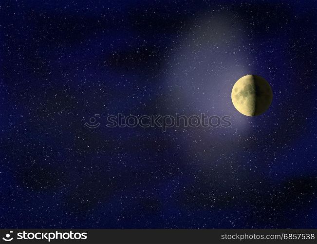 Moon glowing in the dark night sky. Moon glowing in the dark night sky with stars. Cosmic landscape. Moon in starlit night