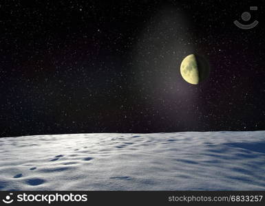 Moon glowing near the surface unknown planet. Moon glowing near the surface unknown planet in the dark space. Cosmic landscape