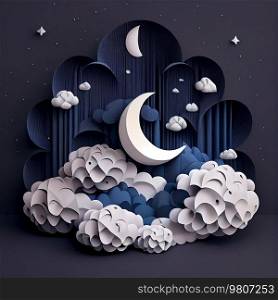Moon in Clouds, blue, paper art. Illustration AI Generative