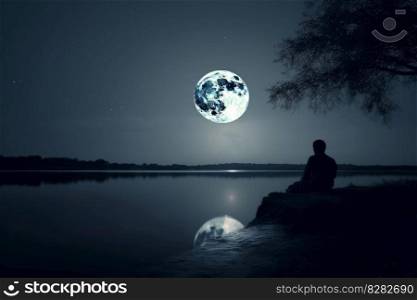 Moon night man near river. Nature landscape. Generate Ai. Moon night man near river. Generate Ai