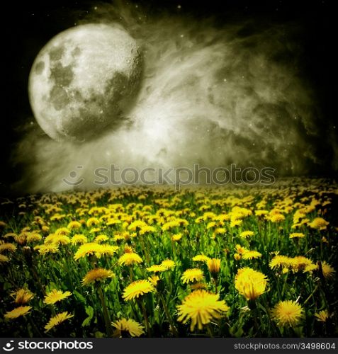 Moon over dandelion field in abstract world of the dreams