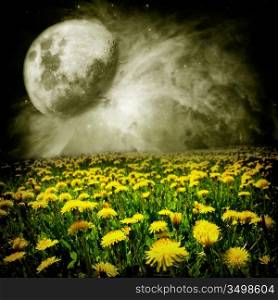 Moon over dandelion field in abstract world of the dreams