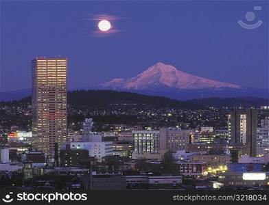 Moon over Mt. Hood and Portland Oregon