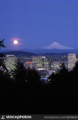 Moon Over Portland Oregon and Mount Hood
