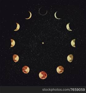 Moon phases over starry night sky background. Astronomy and astrology conceptual scene. Esoteric magic celestial signs, lunar annual calendar, symbol for 12 months, or minimalist clock shape orbit