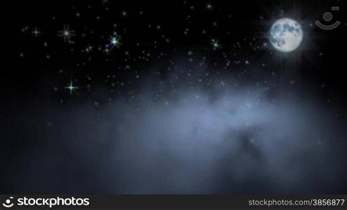 Moon shining across night clouds with sparkling falling stars. Themes: fantasy, celestial, dreams, heaven, astrology, seasons, concepts, storytelling, fairy tales...