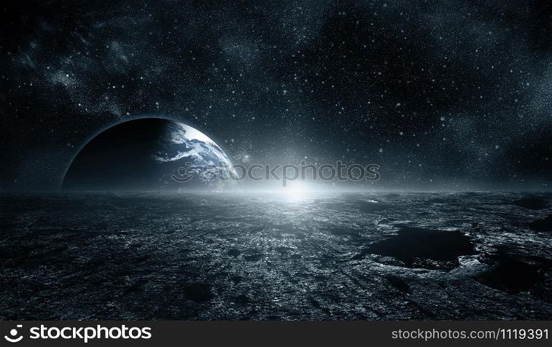 Moon surface and Earth on the horizon. Space art fantasy blue color. Elements of this image furnished by NASA