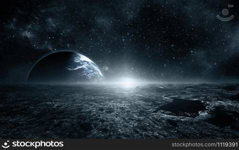 Moon surface and Earth on the horizon. Space art fantasy blue color. Elements of this image furnished by NASA