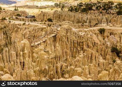 Moon Valley or Valle De La Luna canyon with eroded sandstone spikes panorama near La Paz, Bolivia