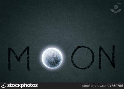 Moon word. Word moon with moon planet instead of one letter