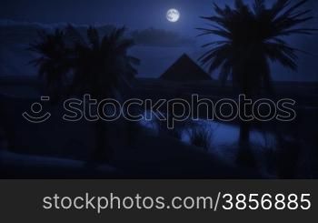 Moonlight Desert sand Sunset Pyramid Oasis with Palms. Themes: Africa, Egypt, Travel, Destinations, Tourism, Desert, Extreme, Arabia, Nature, Environment, Oil, Antiquities