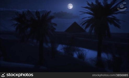 Moonlight Desert sand Sunset Pyramid Oasis with Palms. Themes: Africa, Egypt, Travel, Destinations, Tourism, Desert, Extreme, Arabia, Nature, Environment, Oil, Antiquities