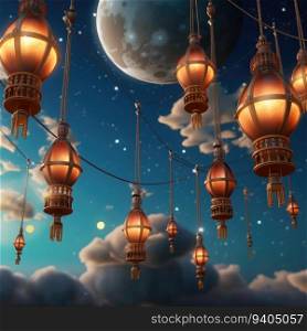 Moonlit Lantern Parade: Enchanting Night Sky with Sparkling Lanterns