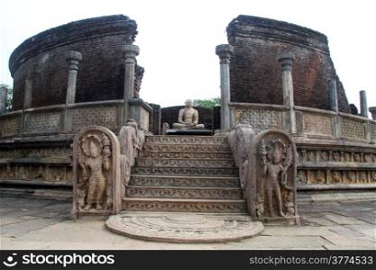 Moonstone and Buddha in Vatadage in Polonnaruwa, Sri Lanka