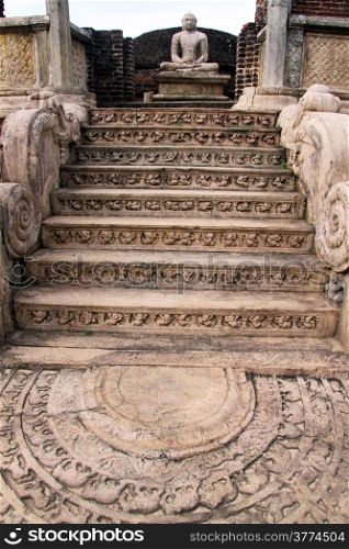 Moonstone and staircase of vatadage in Polonnaruwa, Sri Lanka