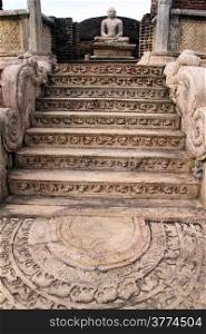 Moonstone and staircase of vatadage in Polonnaruwa, Sri Lanka
