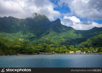 Moorea island harbor and Pacific ocean lagoon landscape. French Polynesia. Moorea island harbor and pacific ocean lagoon landscape