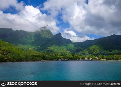 Moorea island harbor and Pacific ocean lagoon landscape. French Polynesia. Moorea island harbor and pacific ocean lagoon landscape