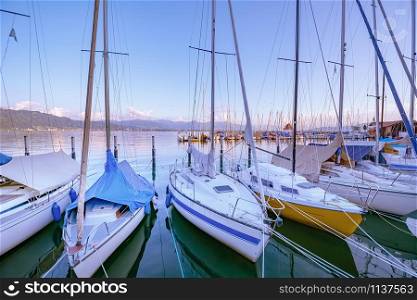 Moored yachts on Bodensee (Lake Constance) in Lindau, Germany. Moored yachts on Bodensee