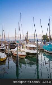 Moored yachts on Bodensee (Lake Constance) in Lindau, Germany. Moored yachts on Bodensee
