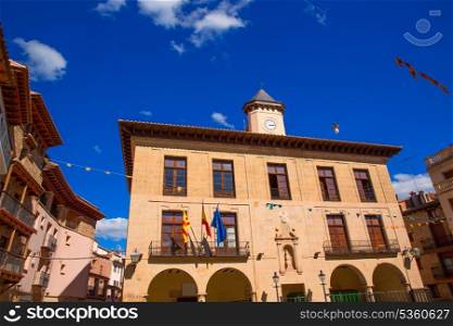 Mora de Rubielos in Teruel City Town Hall square at Aragon stonewall village Maestrazgo Spain