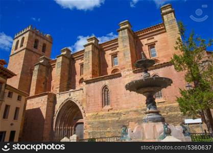 Mora de Rubielos Teruel church of XV century with fountain in Spain