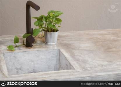 Morden black faucet and kitchen room sink with cement countertops and green grass .