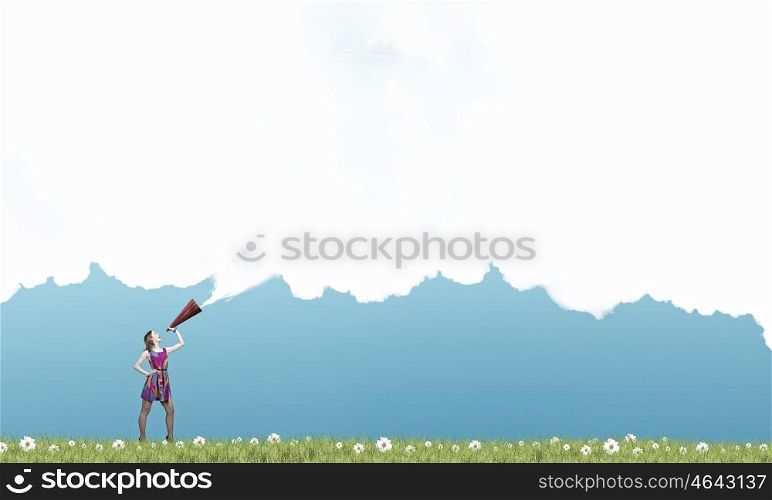 More colors. Young girl in multicolored bright dress screaming in trumpet