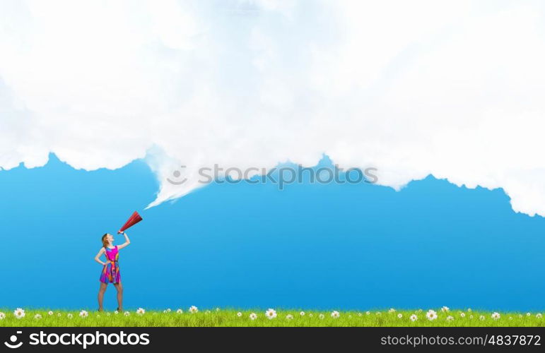 More colors. Young girl in multicolored bright dress screaming in trumpet