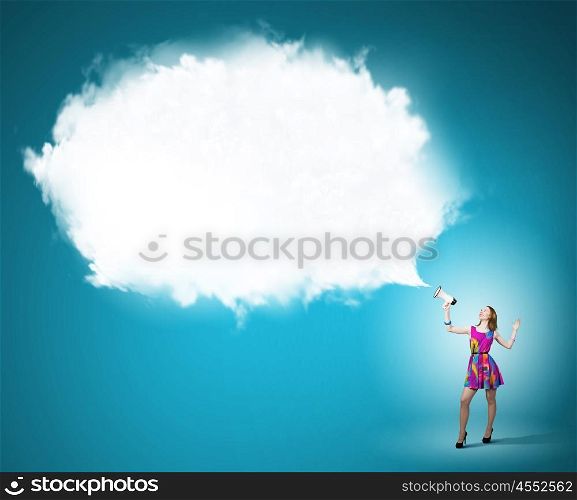 More colors. Young girl in multicolored bright dress with megaphone