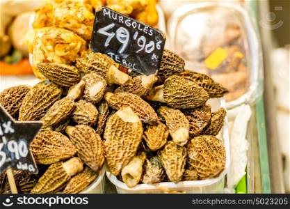 Morel (morchella) mushrooms at Barcelona market, Catalonia, Spain