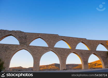 Morella aqueduct in Castellon Maestrazgo at Spain blue sky