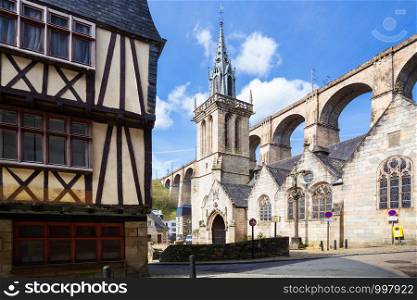 MORLAIX, FRANCE - APRIL 5, 2018: beautiful streets with aqueduct view in the famous city of Morlaix. Normandy, France