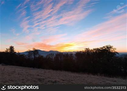 Morning autumn mountain landscape with pink sunrise (Carpathian, Ukraine)