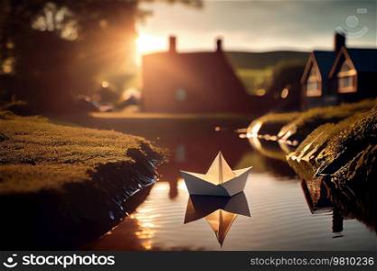morning background. A small paper boat floats in the stream. Illustration AI Generative 