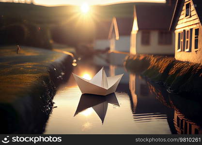 morning background. A small paper boat floats in the stream. Illustration AI Generative 