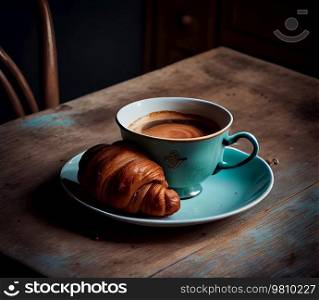 morning background. invigorating coffee and a fresh croissant. Illustration AI Generative 