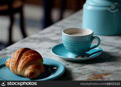 morning background. invigorating coffee and a fresh croissant. Illustration AI Generative 