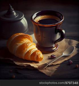 Morning Black Espresso Coffee with Croissant and Jam. Generative AI