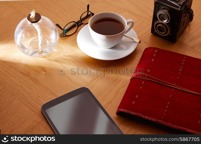 Morning breakfast coffee with vintage camera and tablet pc